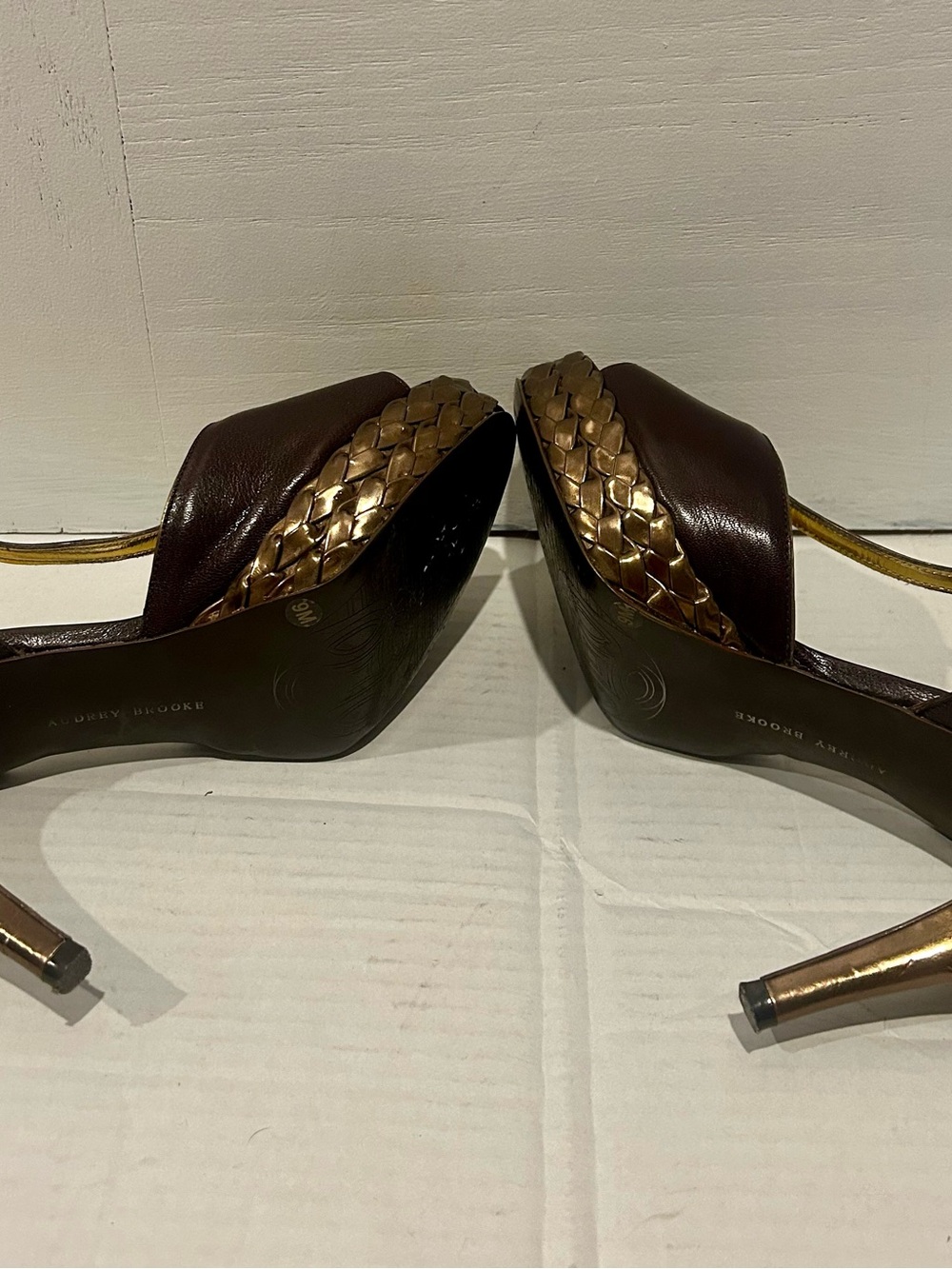 Audrey Brooke Brown T-Strap Peep Toe Platform Heels - Picture 5 of 5